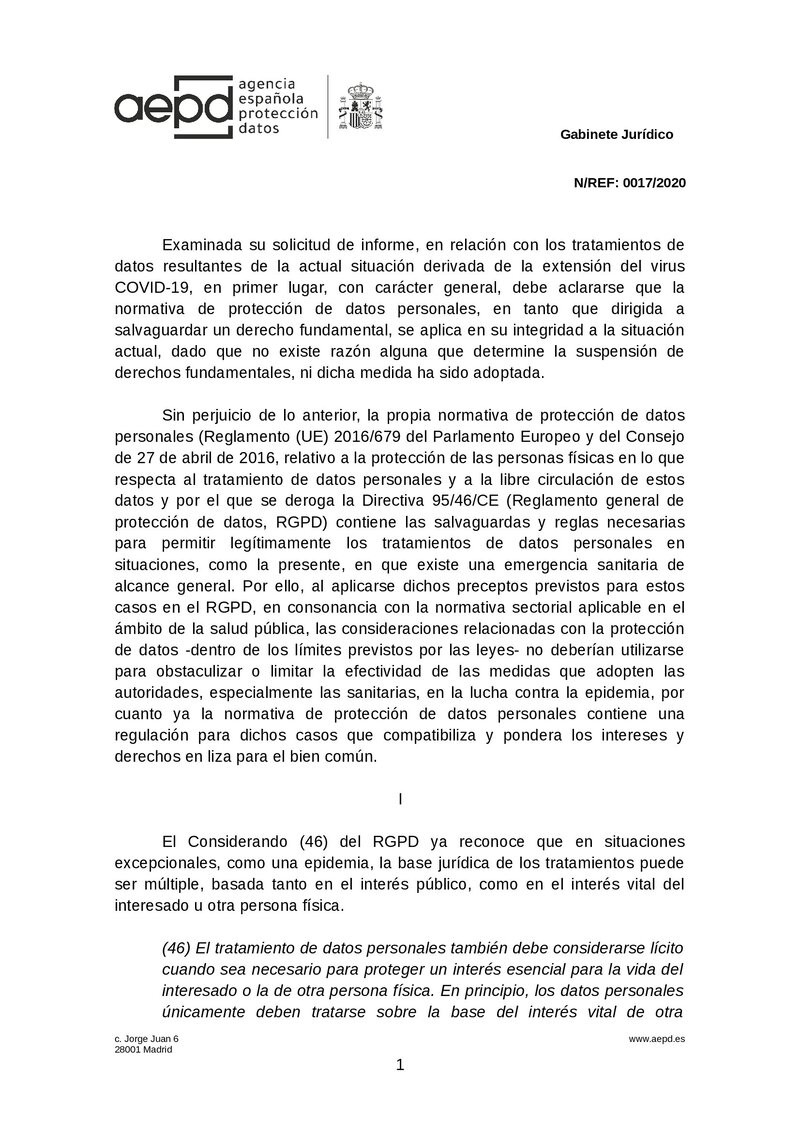 Informe sobre los tratamientos de datos en relación con el COVID-19
