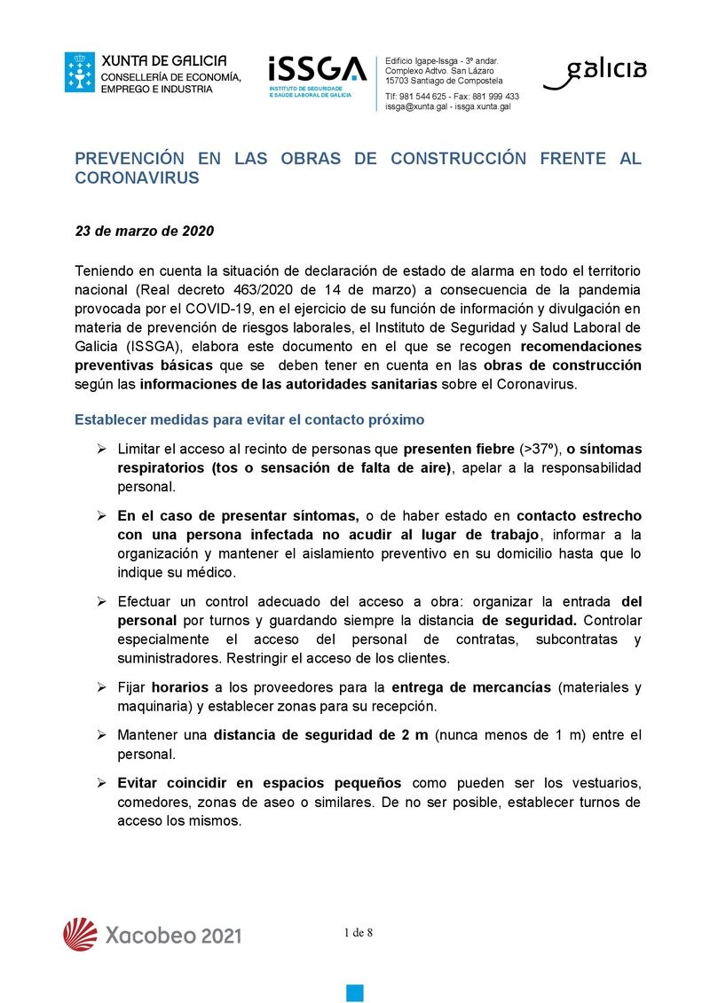 Prevención en las obras de construcción frente al coronavirus