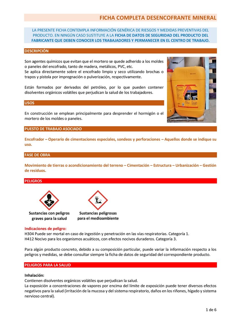 Desencofrante mineral. Ficha completa.