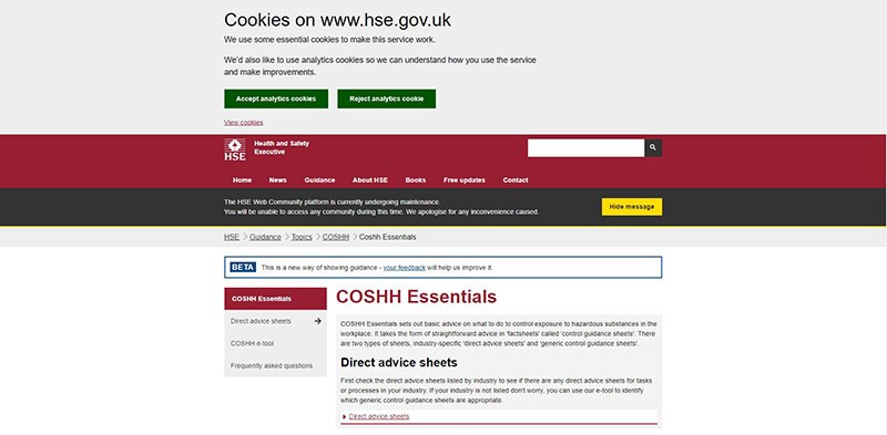 COSHH Essentials (HSE), evaluación de sustancias peligrosas.
